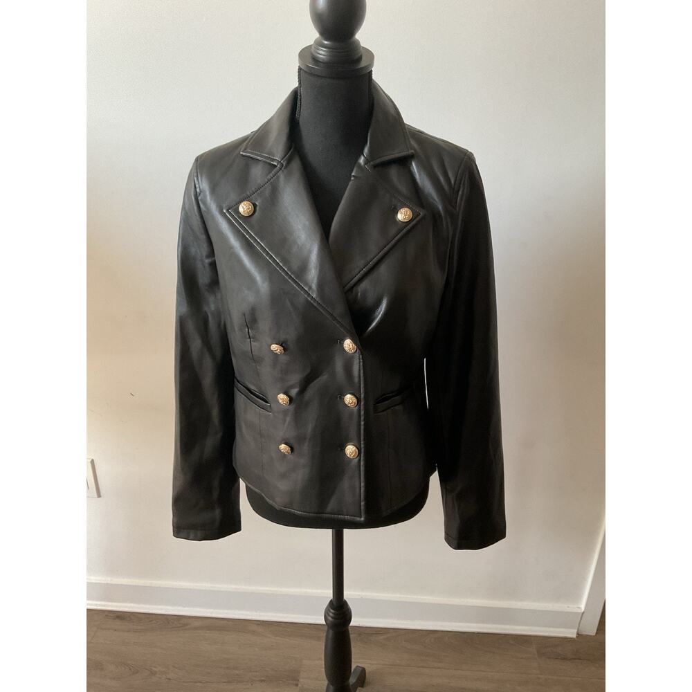 Elie Tahari Black faux Leather Double Breasted Collared Button Short Jacket, M - Picture 1 of 5
